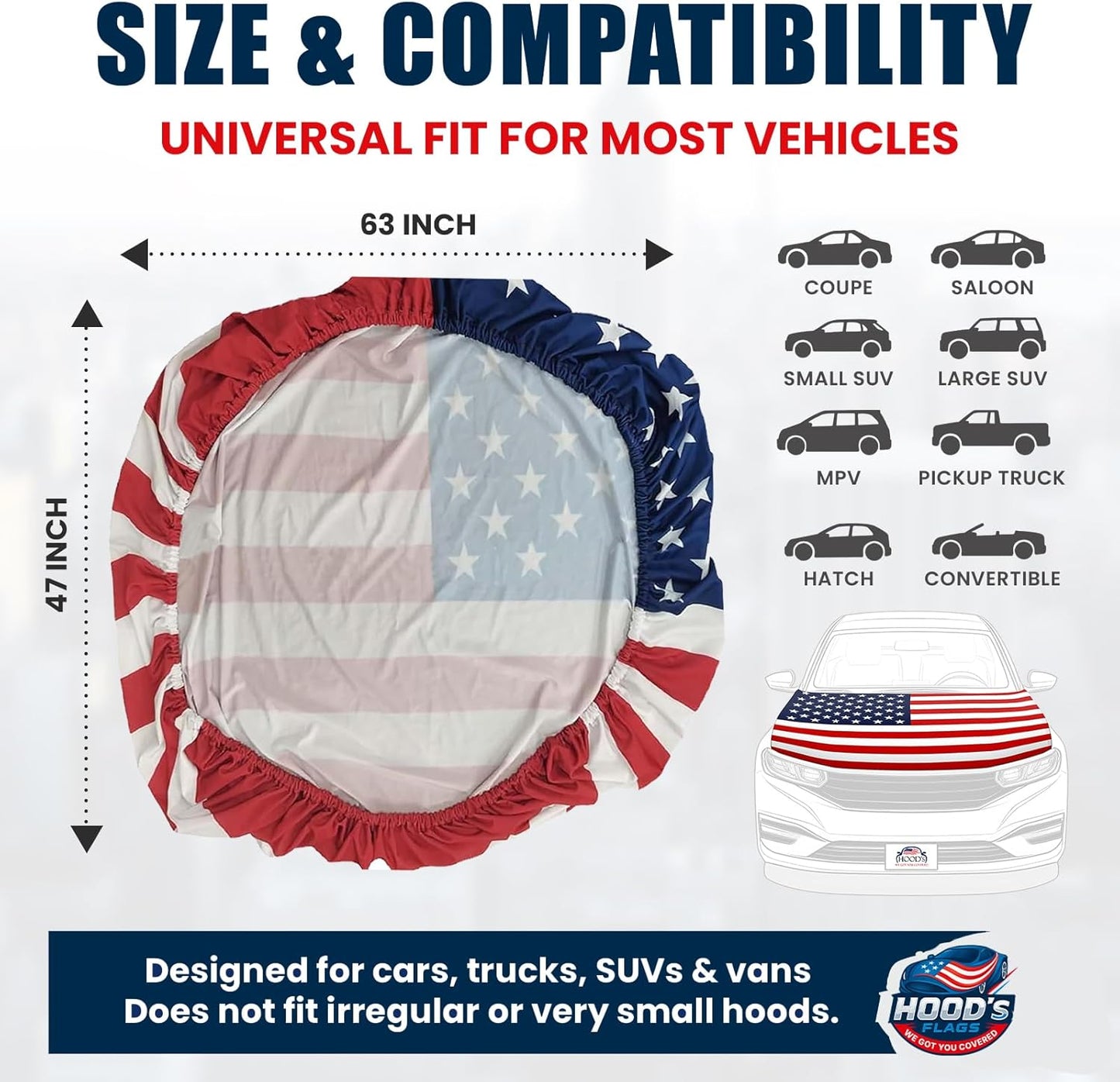 American mexico Flag Car Hood Cover 63"x47" (160x120 cm) – USA Stars & Stripes Decoration – Universal Fit Cover for Trucks, Cars, SUV