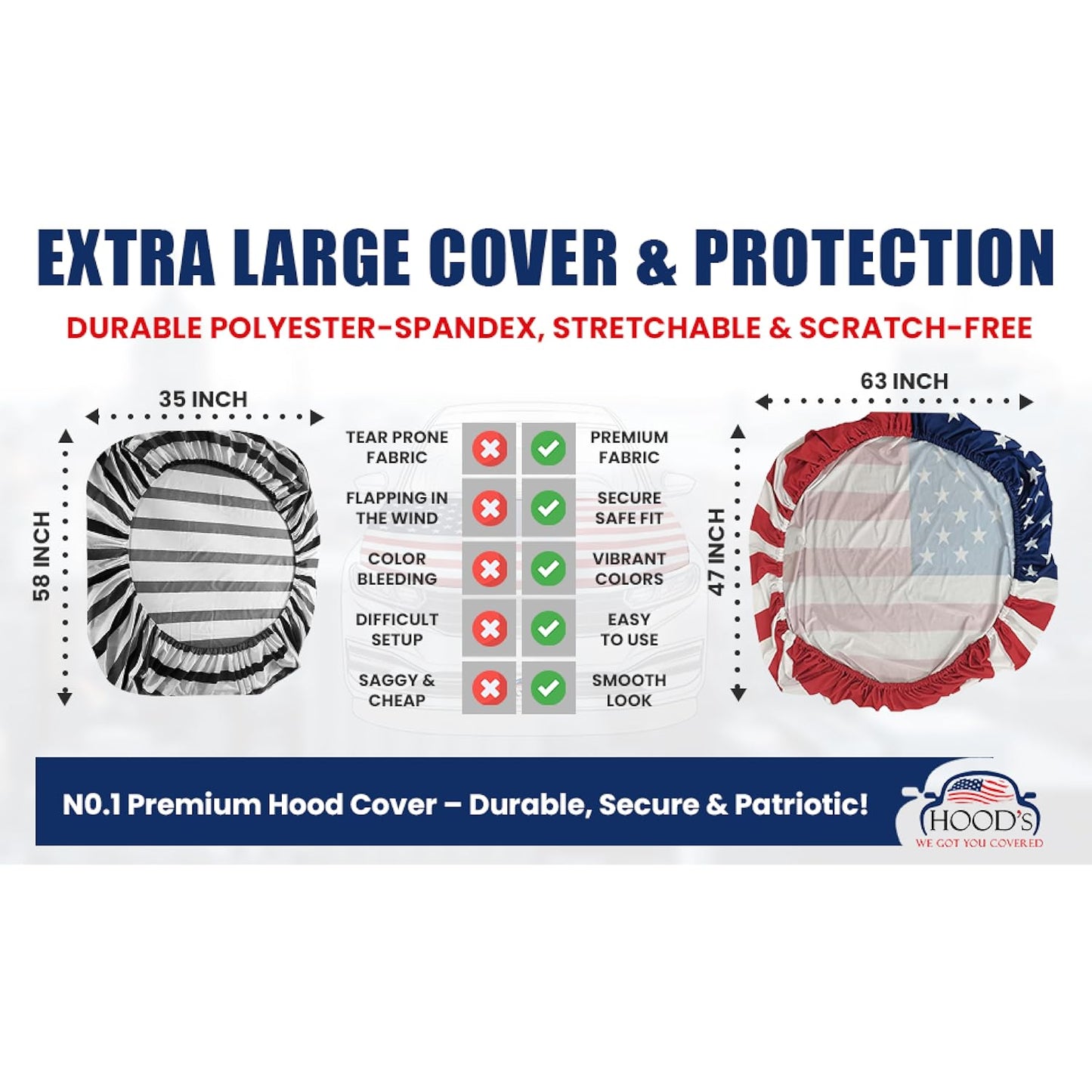 American mexico Flag Car Hood Cover 63"x47" (160x120 cm) – USA Stars & Stripes Decoration – Universal Fit Cover for Trucks, Cars, SUV