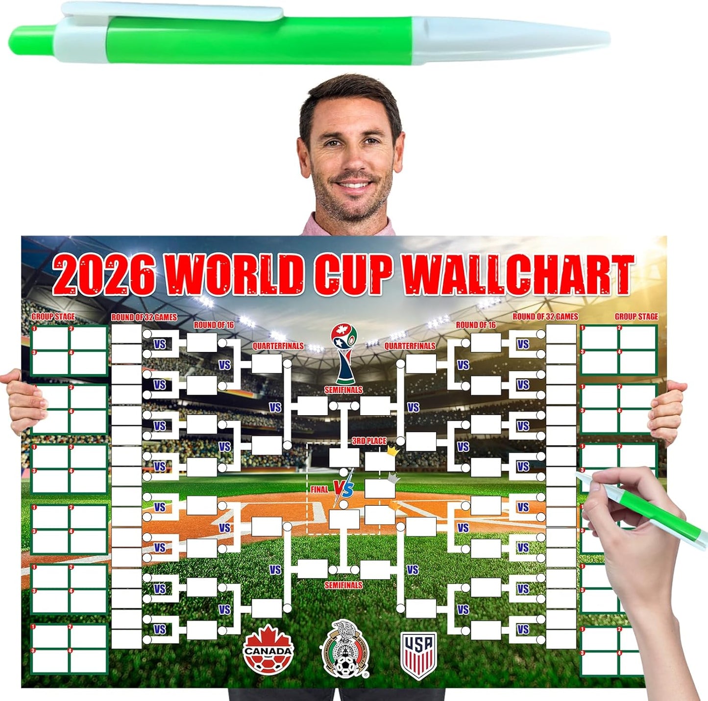 Soccer Schedule Poster&Final Round 48-Team Collection Showcase 2026,2-in-1 Double-Sided Functional Poster Football Merchandise Decoration
