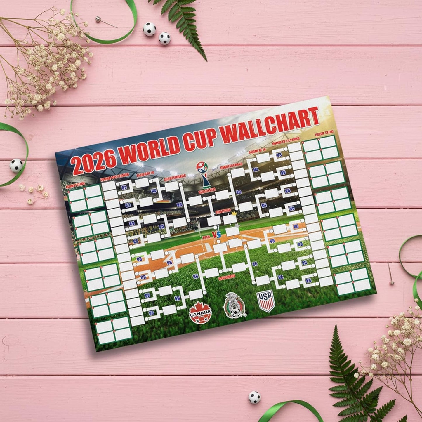 Soccer Schedule Poster&Final Round 48-Team Collection Showcase 2026,2-in-1 Double-Sided Functional Poster Football Merchandise Decoration