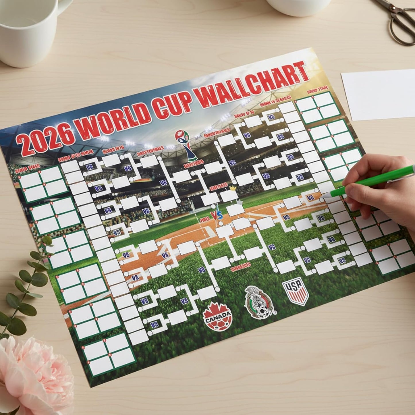 Soccer Schedule Poster&Final Round 48-Team Collection Showcase 2026,2-in-1 Double-Sided Functional Poster Football Merchandise Decoration